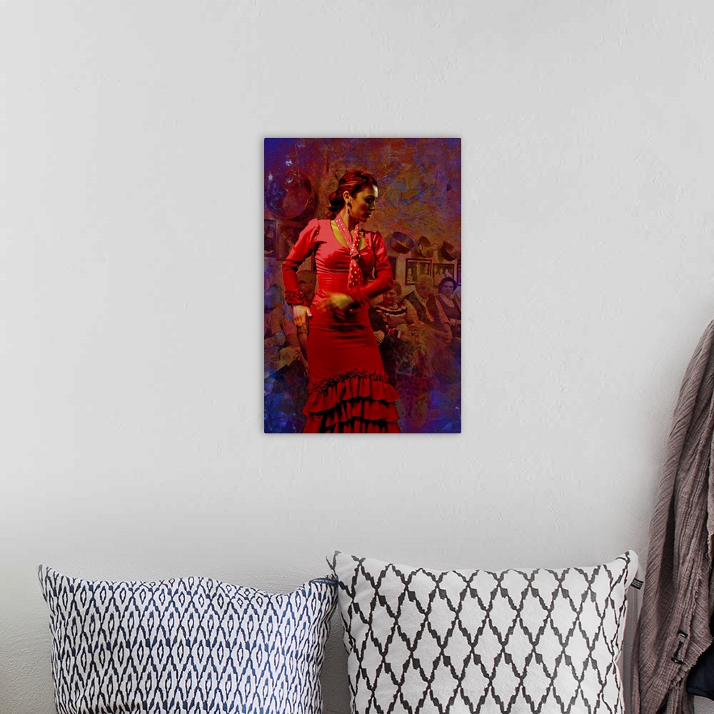 A bohemian room featuring A woman dances passionately to Flamenco music i Spain.