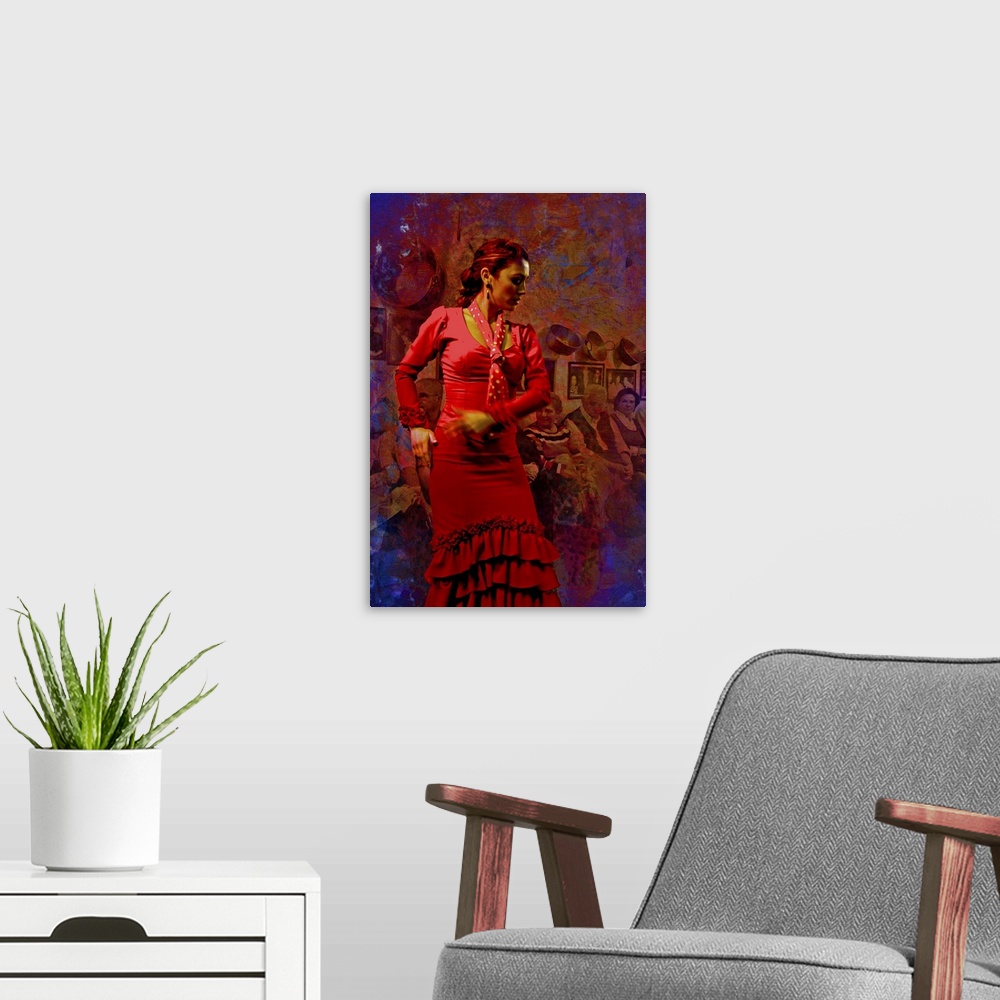 A modern room featuring A woman dances passionately to Flamenco music i Spain.
