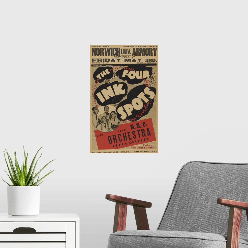 A modern room featuring Poster on heavy cardboard stock advertising a performace of The Four Ink Spots plus the N.B.C. Or...