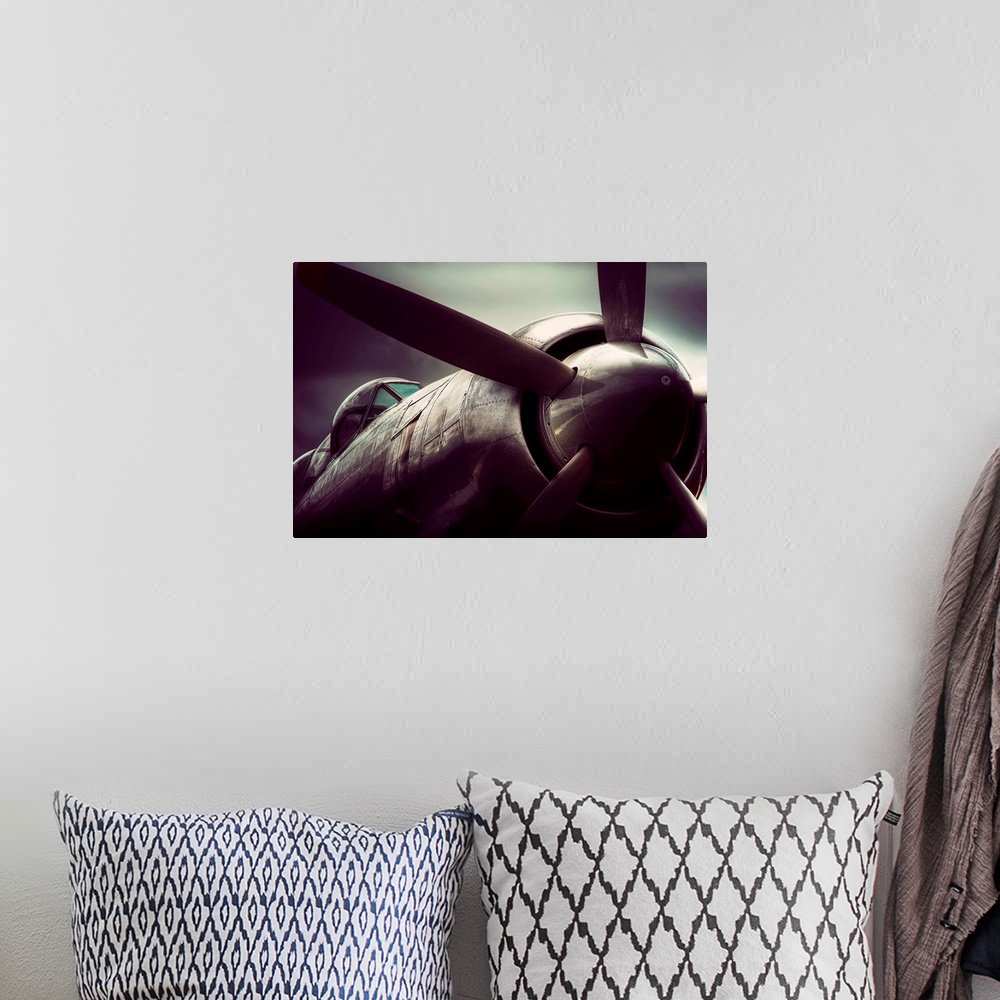 A bohemian room featuring Big, horizontal, close up, fine art photograph of a SeaFury T20, showing the propeller and cockpi...