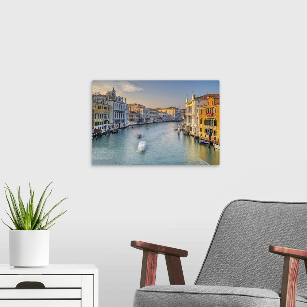 A modern room featuring Westward view of the Grand Canal from Ponte dell'Accademia, Venice, Italy.