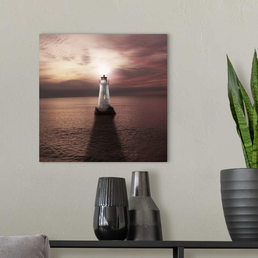 A modern room featuring A white lighthouse with sunset and calm sea