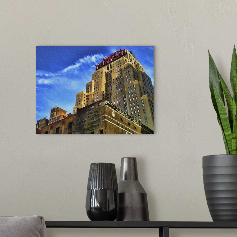 A modern room featuring Creative image of the famous New Yorker Hotel located in Manhattan's Garment District, 34th stree...