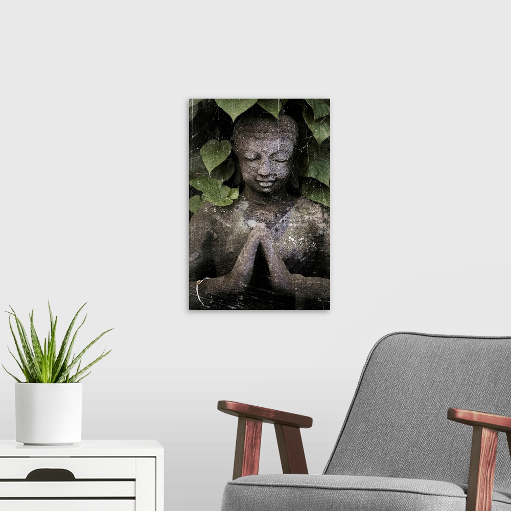 A modern room featuring Stone Buddha under leaves