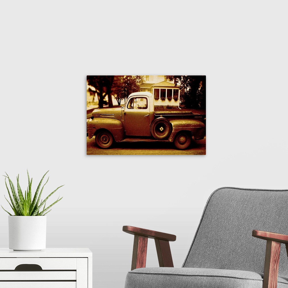 A modern room featuring An old American pickup truck