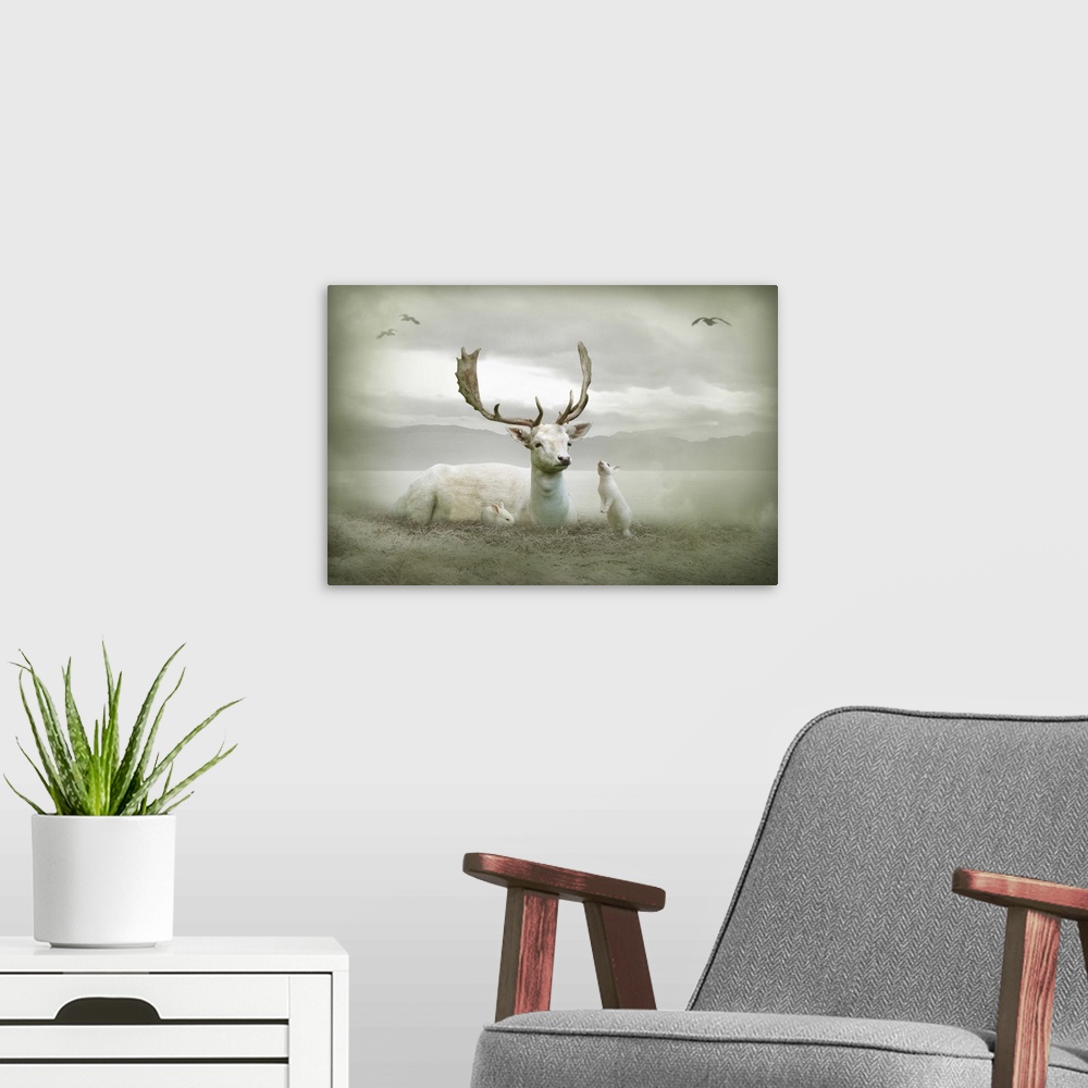 A modern room featuring White stag sitting with white rabbits