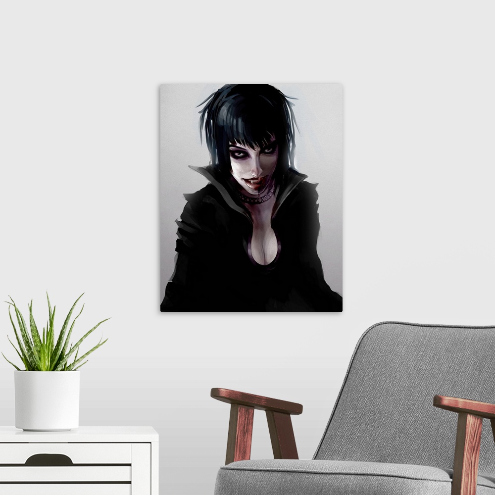A modern room featuring Dark Vampire Woman with cloak and blood
