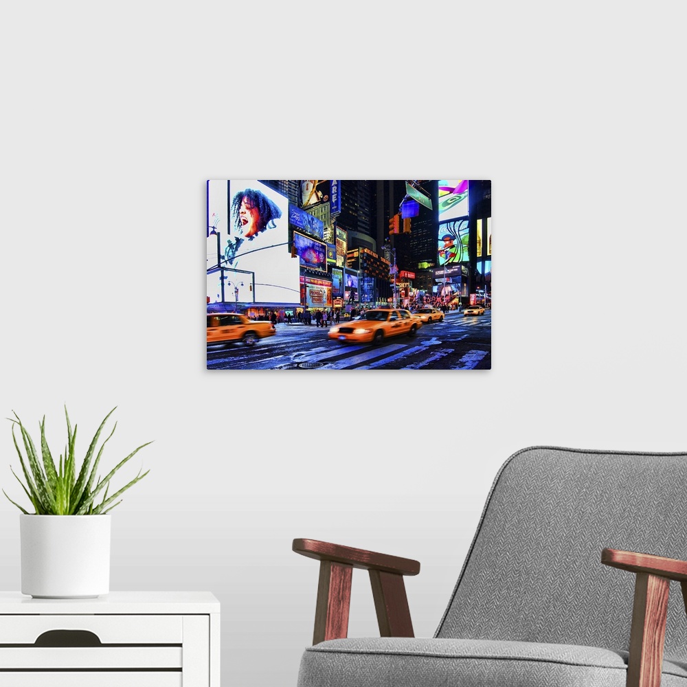 A modern room featuring Busy shot of Times Square, New York City. HDr of two shots, motion blur.