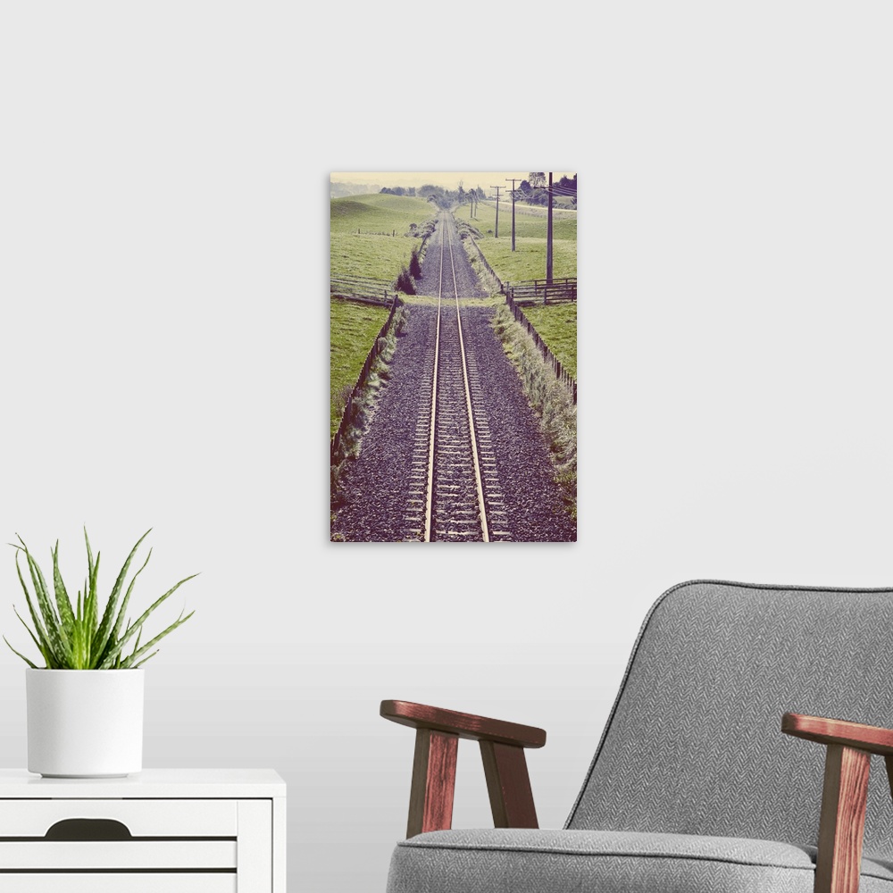 A modern room featuring train tracks, rail, transport, nobody, rural, lines, straight, direct, symbolism, transport,railw...