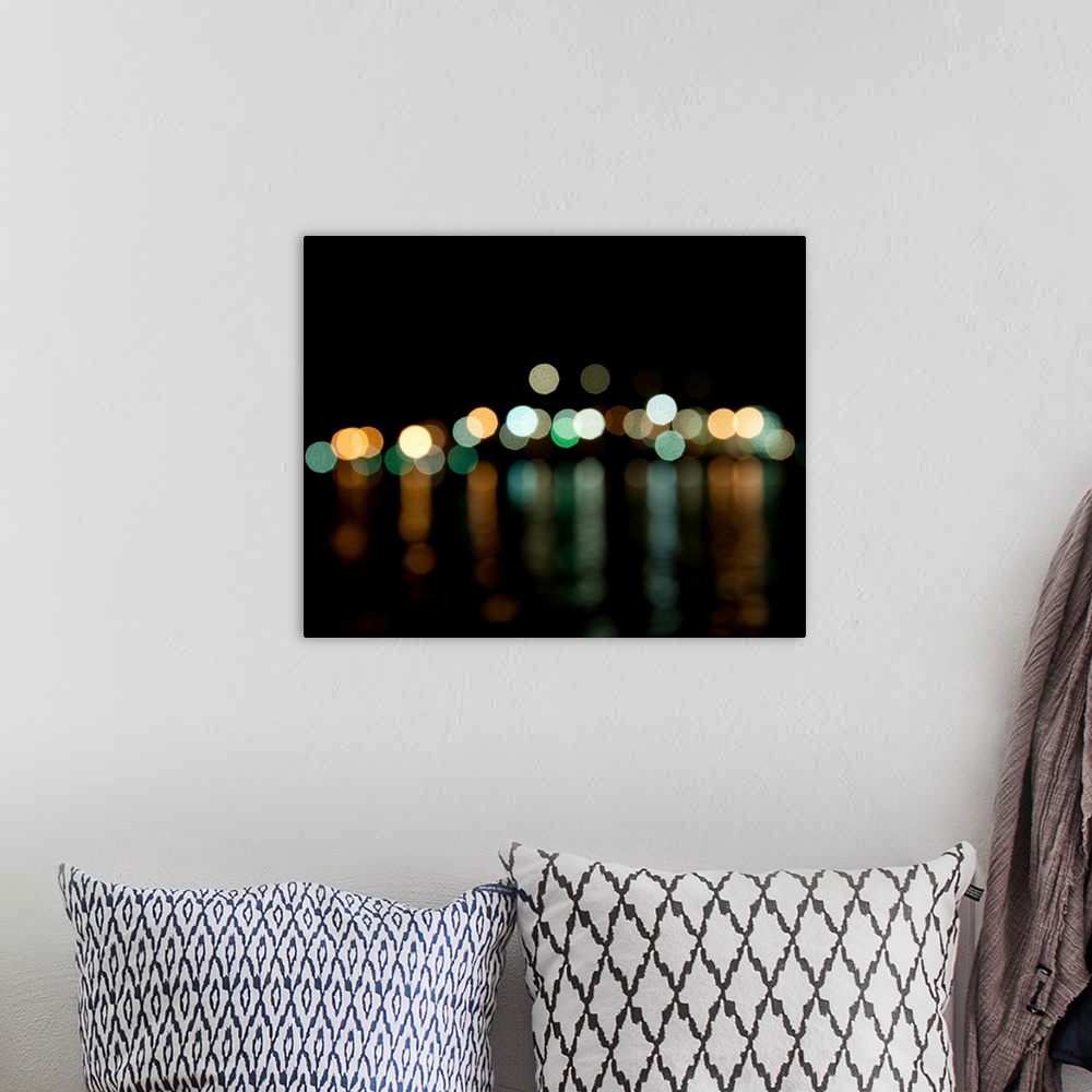 A bohemian room featuring Out of focus skyline of Vancouver and night