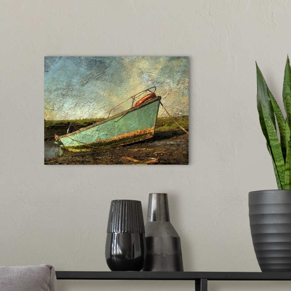 A modern room featuring A small boat on mud flats with texture
