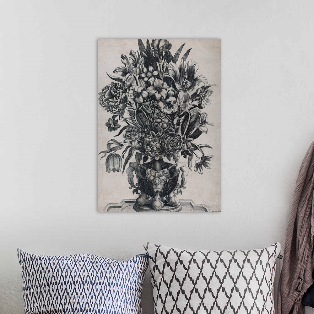 A bohemian room featuring Frech floral engraving on paper.