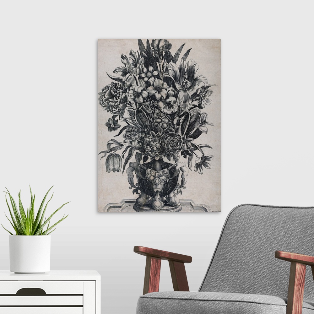 A modern room featuring Frech floral engraving on paper.