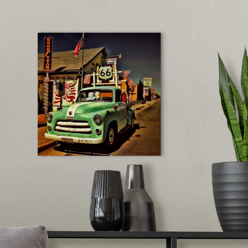 A modern room featuring Vintage americana 50's car in petrol station.