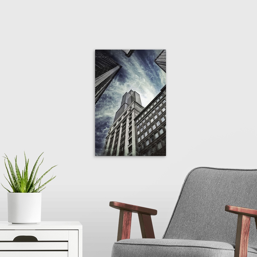 A modern room featuring Willis Tower (formerly named Sears Tower) skyscraper in Chicago, Illinois. It is the tallest buil...