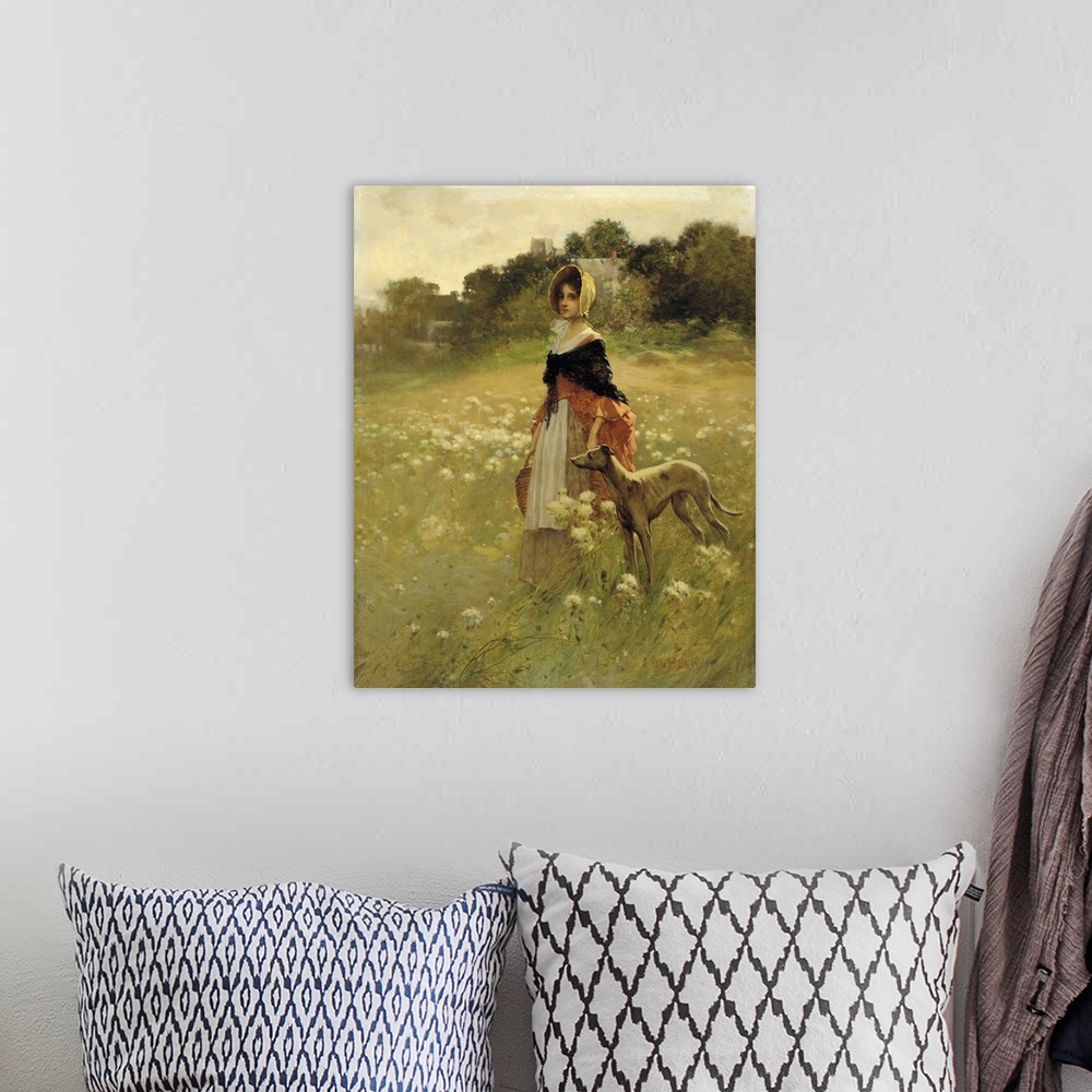 A bohemian room featuring This scene of a young girl and her dog in a windswept field is a romantic image of American colon...
