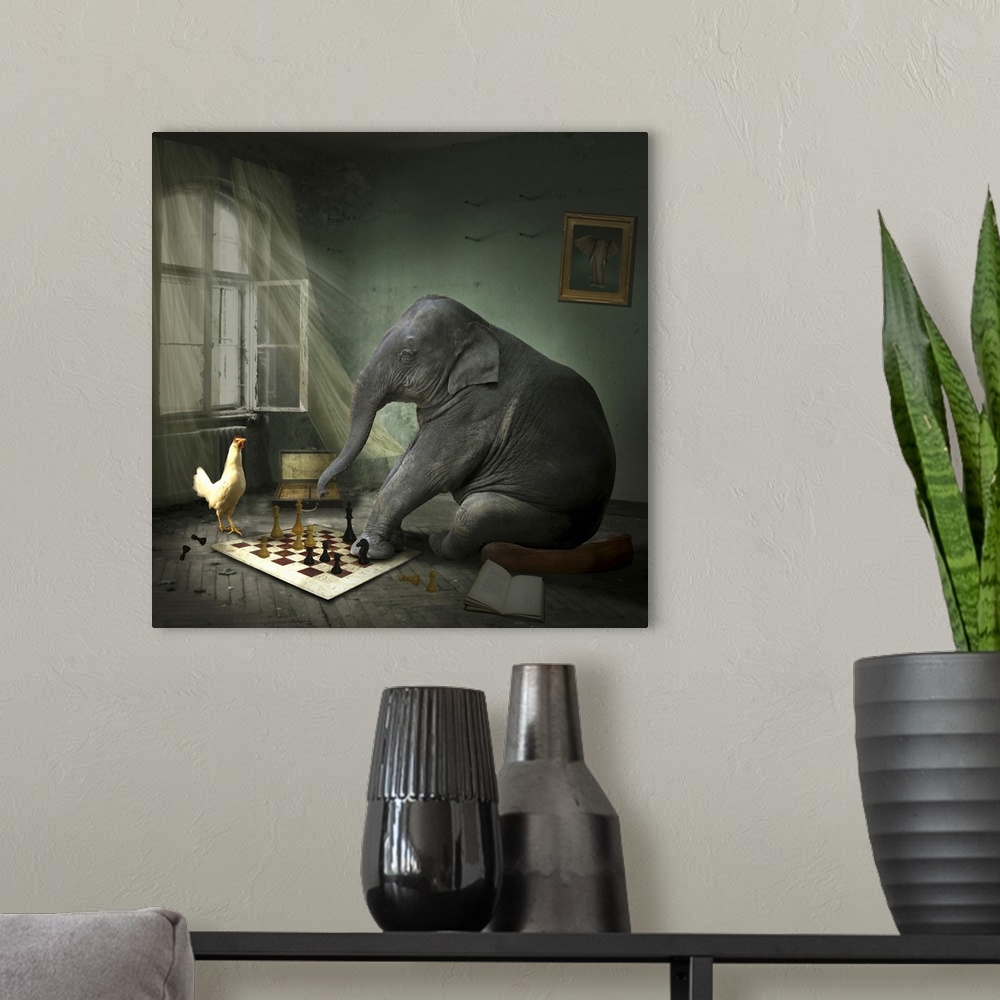 A modern room featuring Elephant playing chess with a chicken
