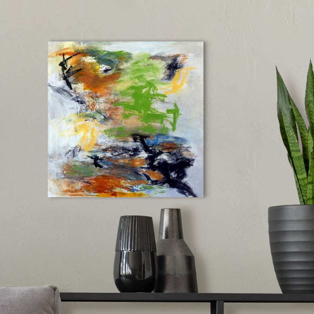 A modern room featuring Originally painted with mixed media, acrylic and oil sticks on canvas.