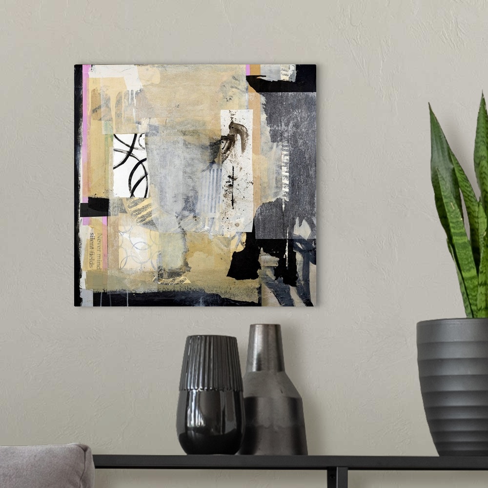 A modern room featuring Originally painted with collage, mixed media and acrylic on panel.