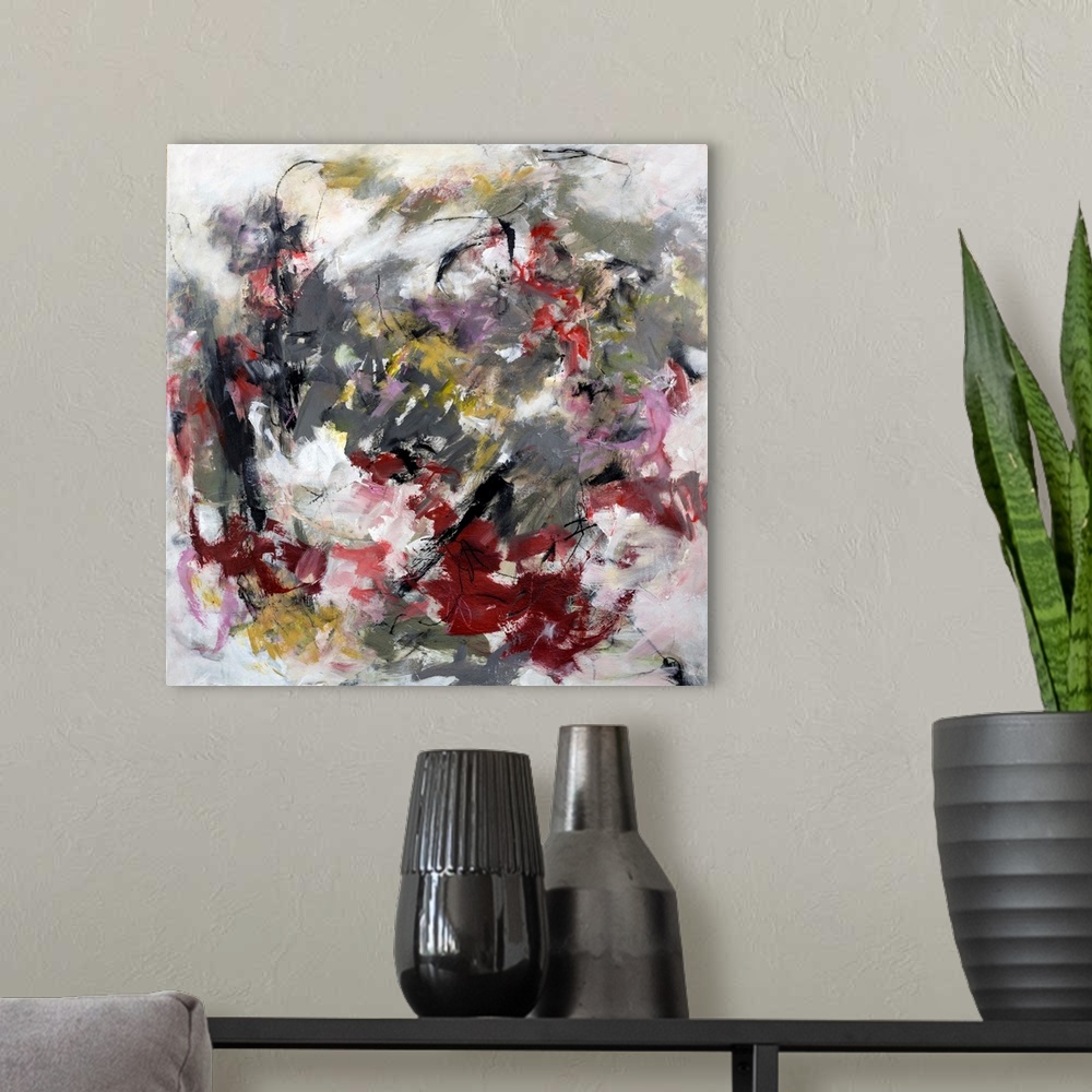 A modern room featuring Originally painted with mixed media and acrylic on canvas.