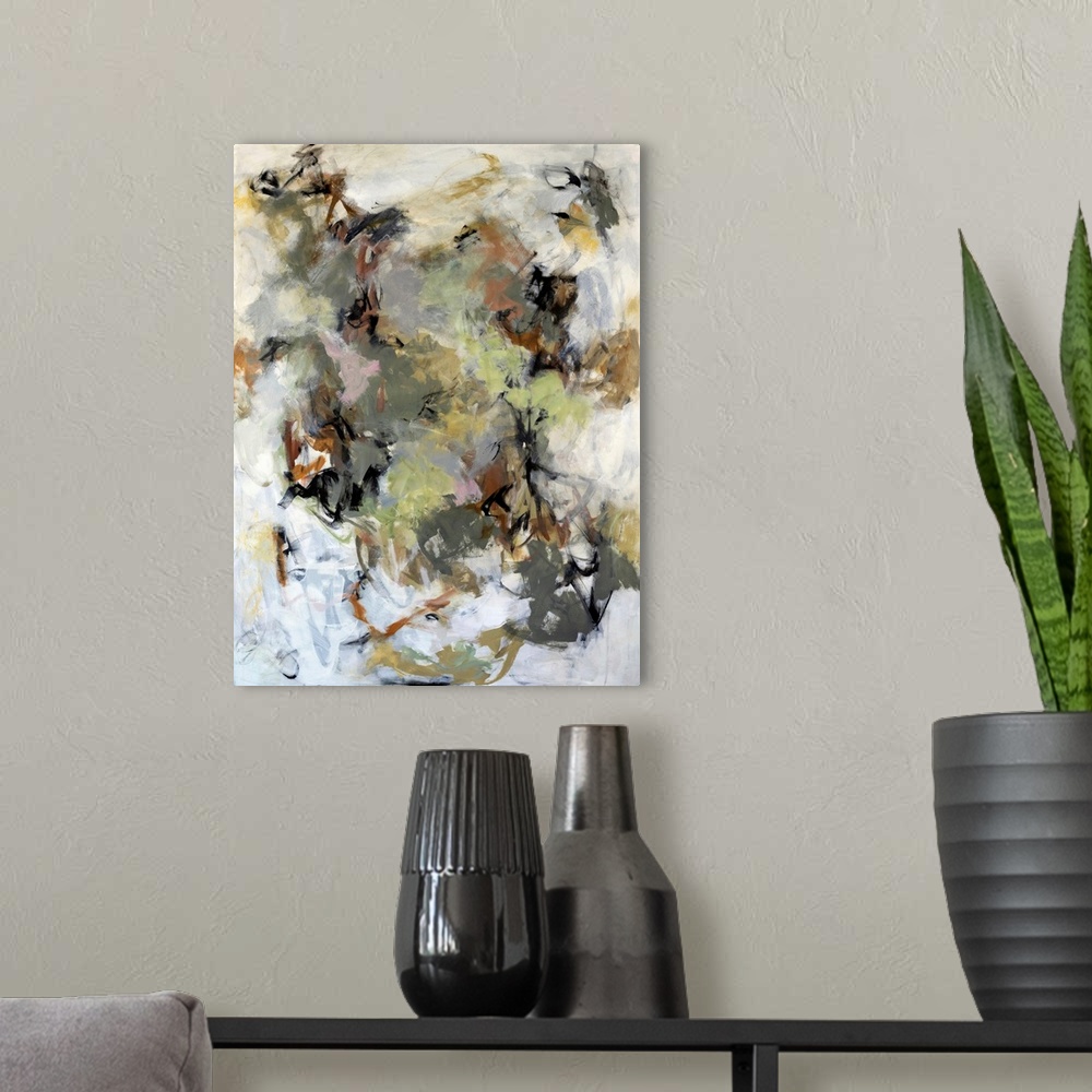 A modern room featuring Originally painted with mixed media and acrylic on canvas.