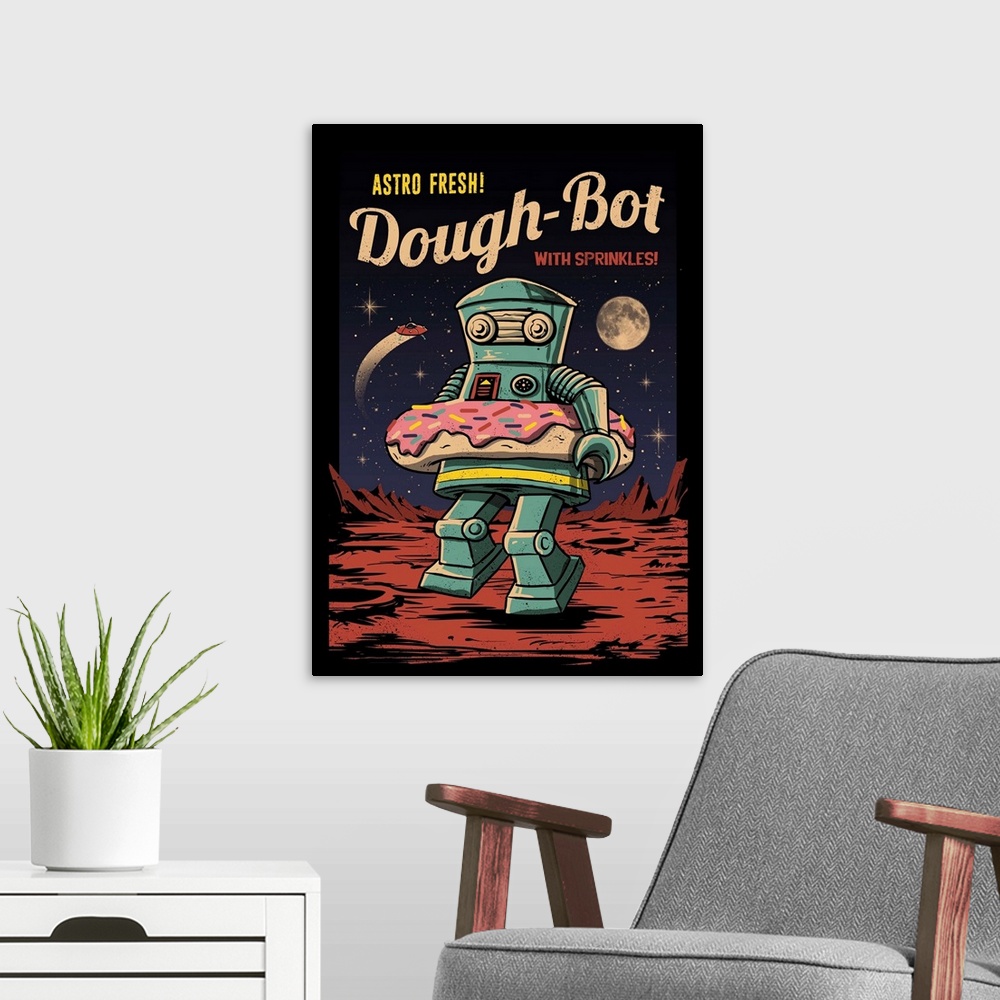 A modern room featuring Dough Bot