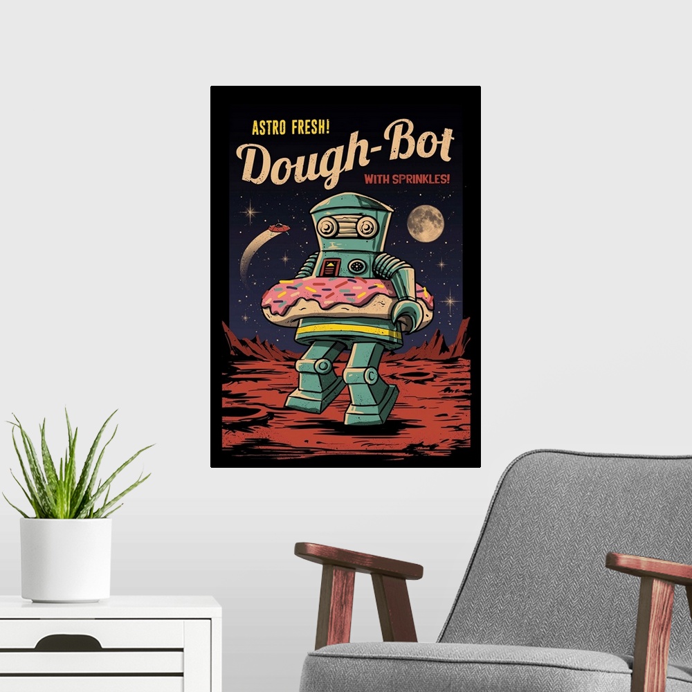 A modern room featuring Dough Bot