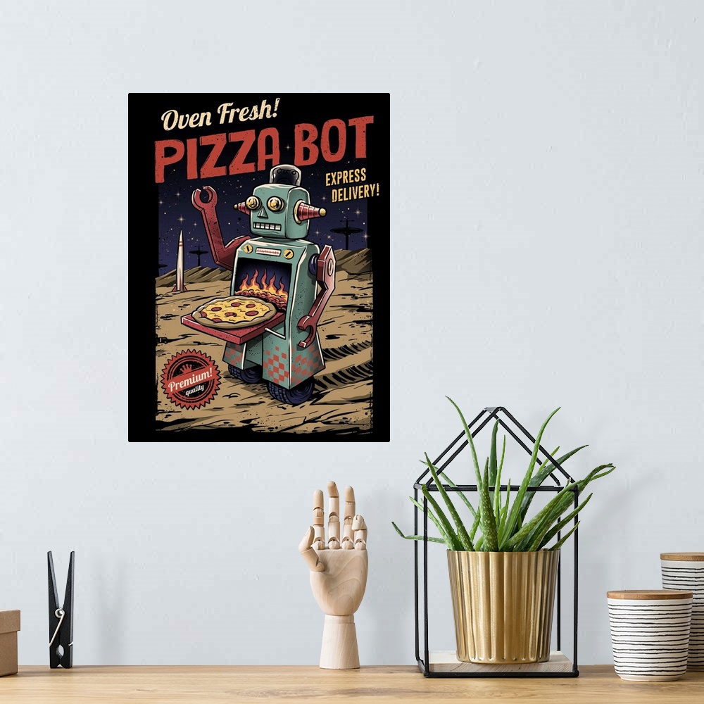 A bohemian room featuring Pizza Bot