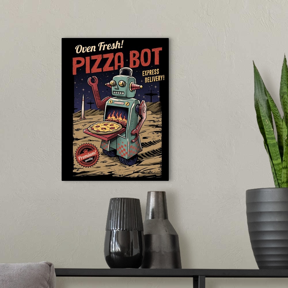 A modern room featuring Pizza Bot