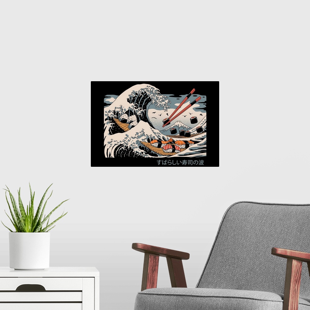 A modern room featuring The Great Sushi Wave