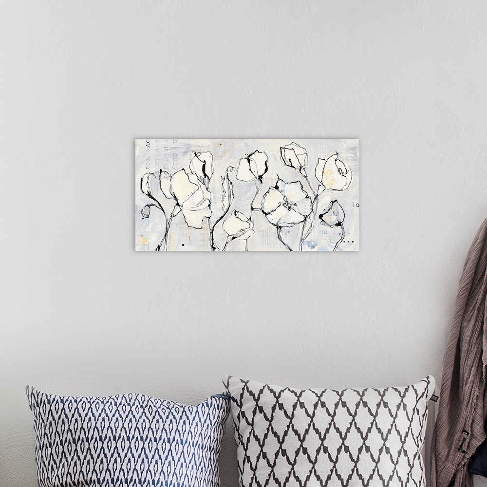 A bohemian room featuring Contemporary painting of white flowers with black outlines.