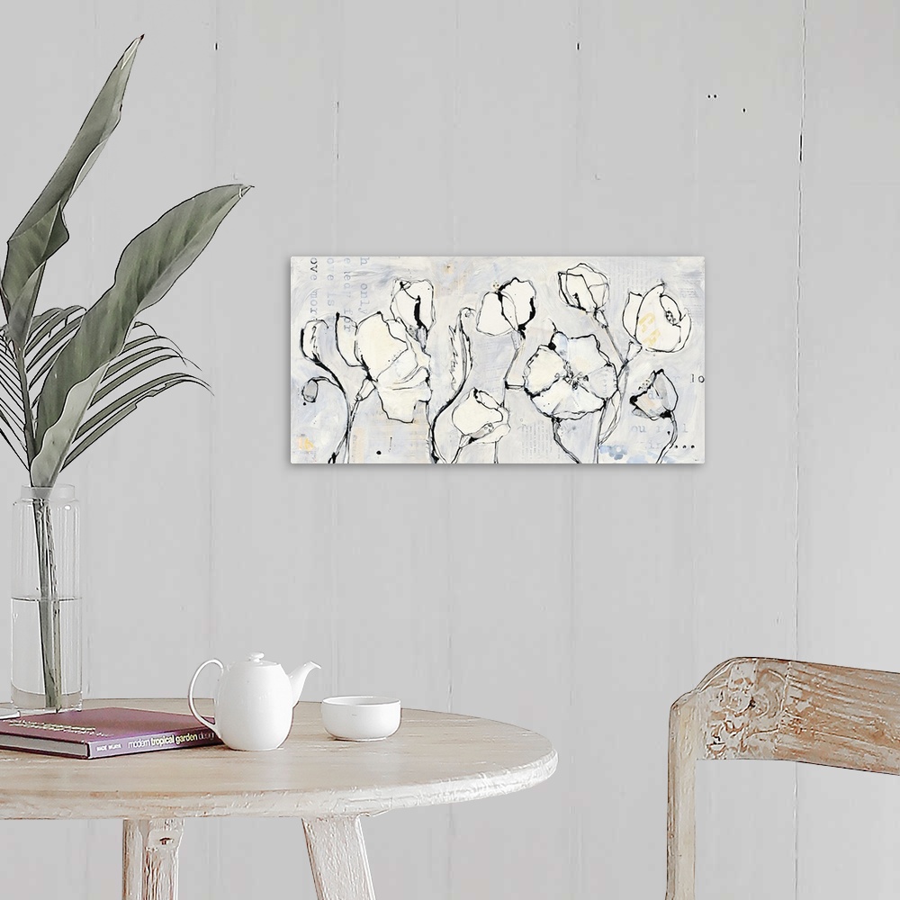 A farmhouse room featuring Contemporary painting of white flowers with black outlines.
