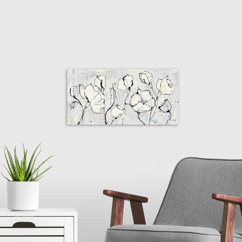 A modern room featuring Contemporary painting of white flowers with black outlines.