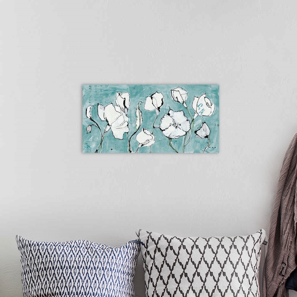 A bohemian room featuring A lhorizontal contemporary painting of a group of white flowers outlined in black on a light blue...