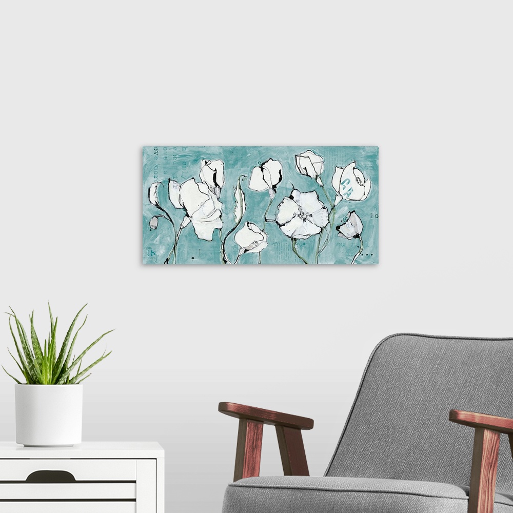 A modern room featuring A lhorizontal contemporary painting of a group of white flowers outlined in black on a light blue...