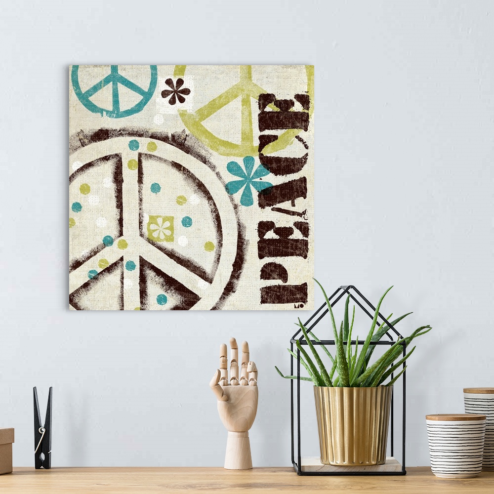 A bohemian room featuring Square retro artwork on a large canvas of several peace symbols surrounded by colorful dots and f...