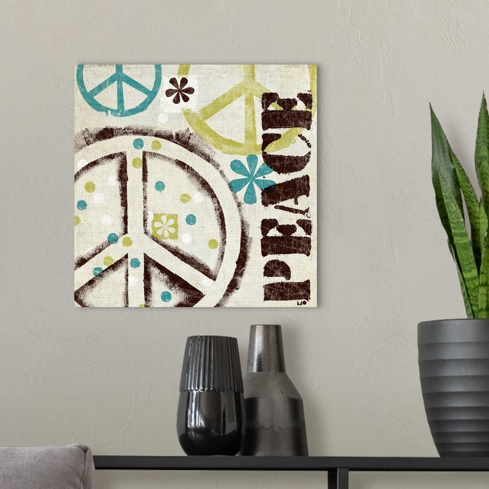 A modern room featuring Square retro artwork on a large canvas of several peace symbols surrounded by colorful dots and f...