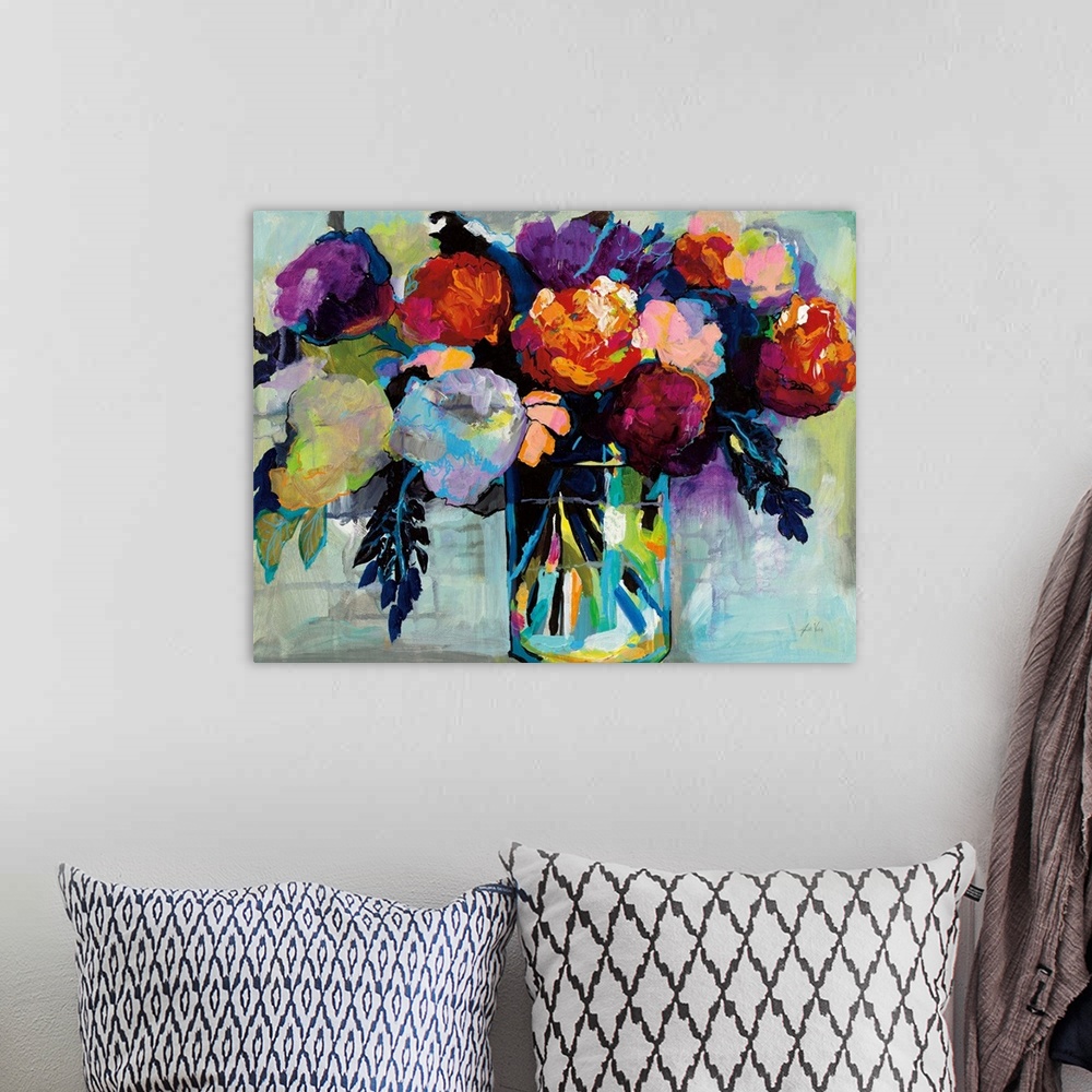 A bohemian room featuring Abstracted bouquet of colorful florals.