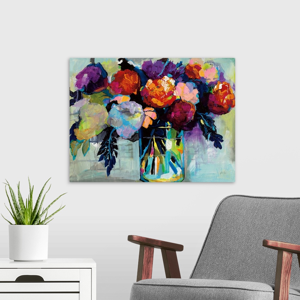 A modern room featuring Abstracted bouquet of colorful florals.
