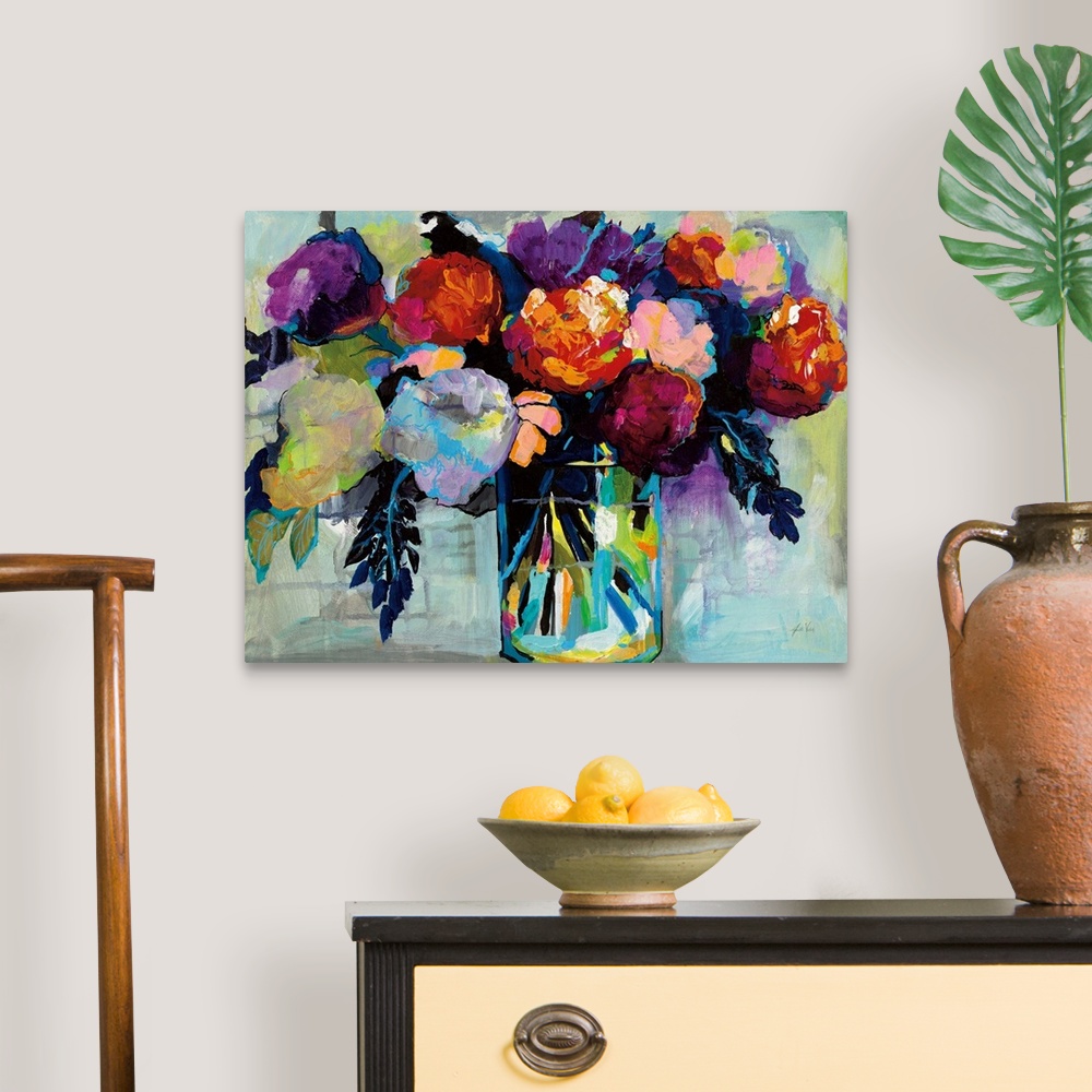 A traditional room featuring Abstracted bouquet of colorful florals.