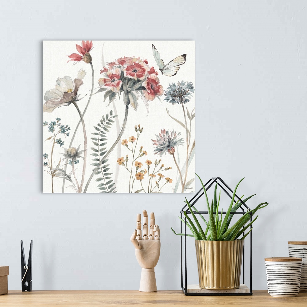 A bohemian room featuring A square decorative watercolor painting of a group of country wild flowers and butterfly on a whi...