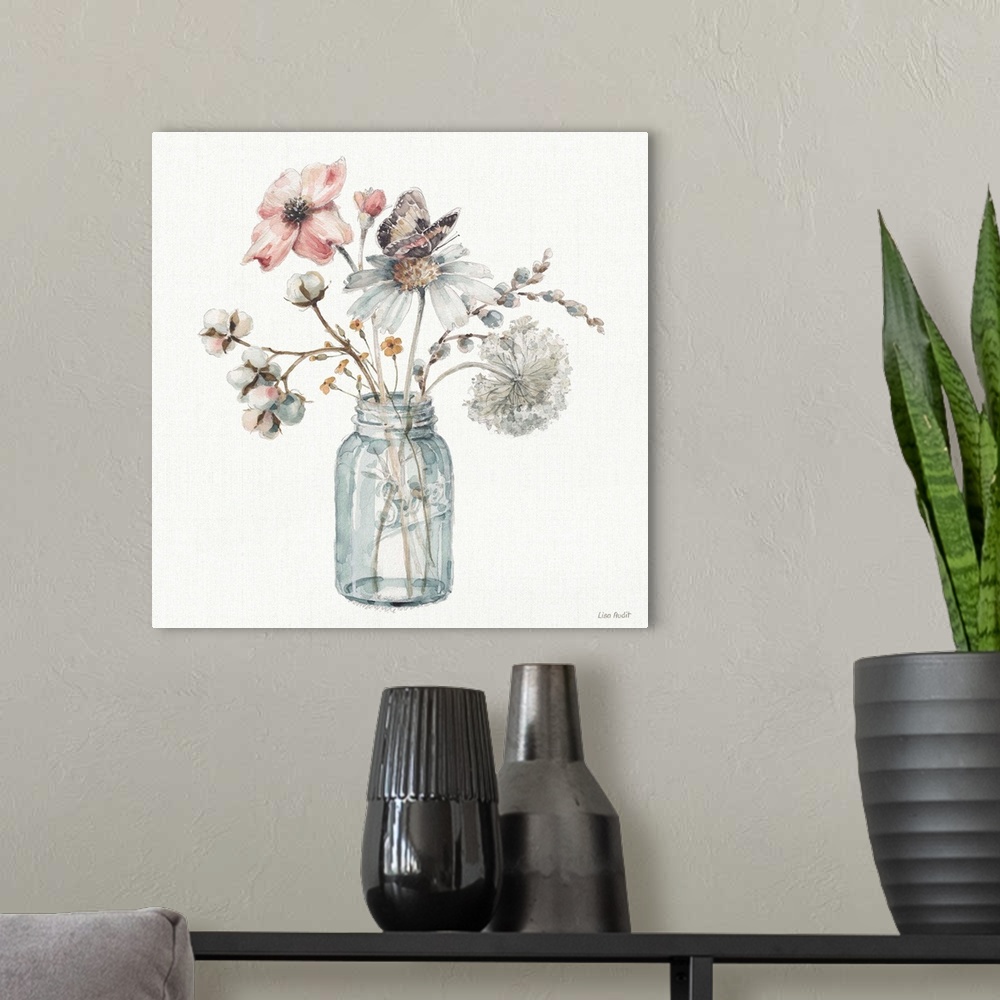 A modern room featuring Decorative artwork of watercolor flowers in a mason jar over a white background.