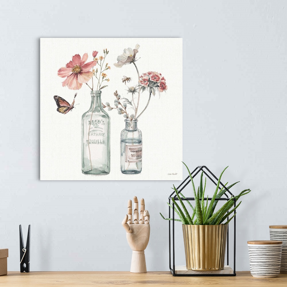 A bohemian room featuring Decorative artwork of watercolor flowers in a glasses over a white background.
