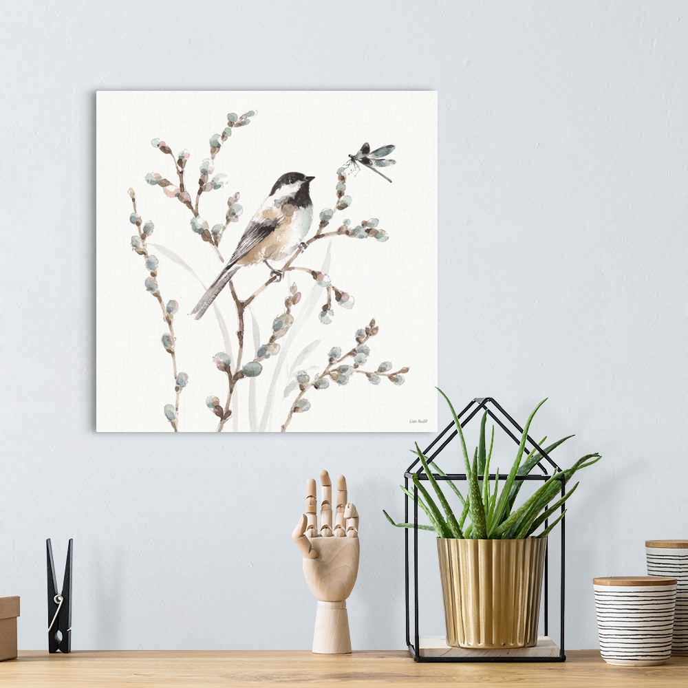 A bohemian room featuring A square decorative watercolor painting of a group of country wild flowers and a bird with a drag...