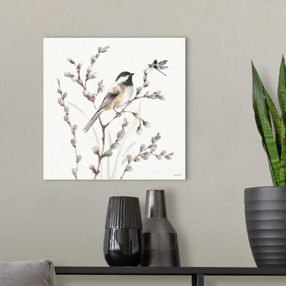 A modern room featuring A square decorative watercolor painting of a group of country wild flowers and a bird with a drag...