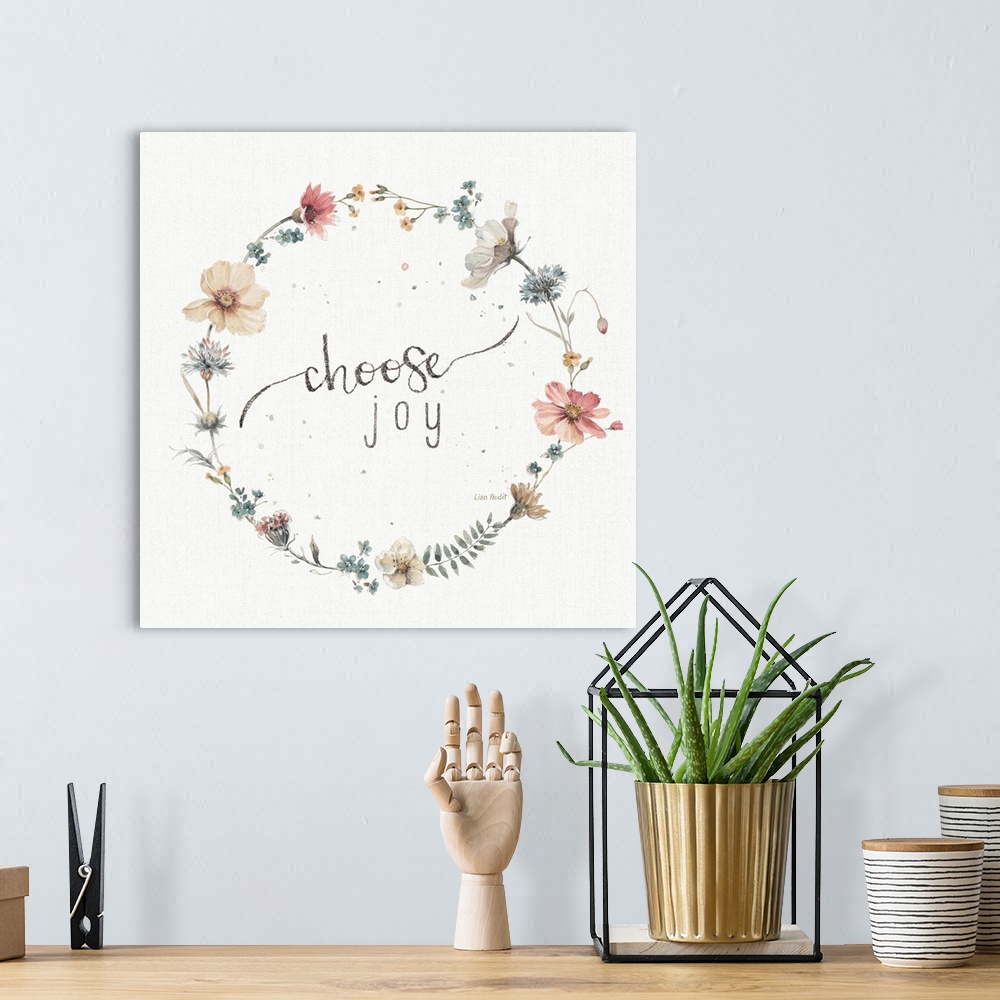 A bohemian room featuring Decorative artwork of a floral wreath with the words, choose joy, in the center.