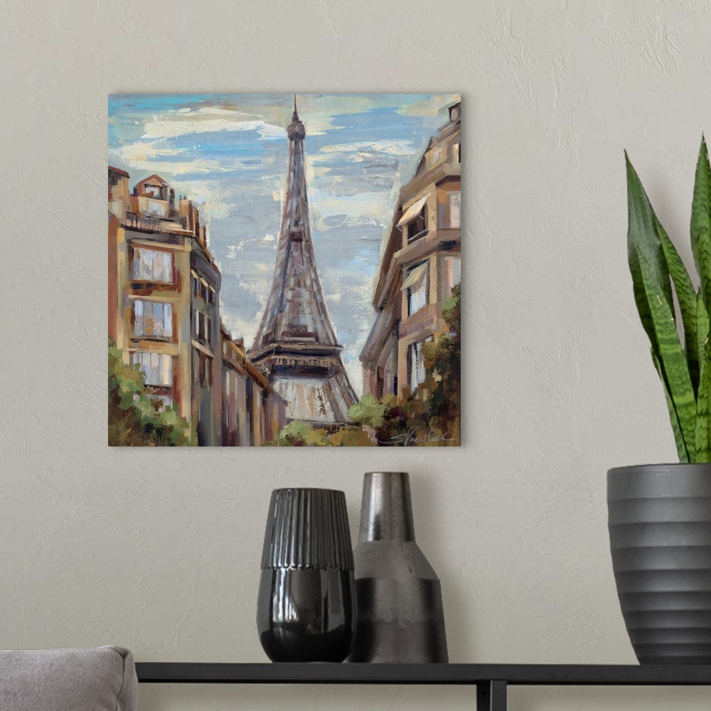 A modern room featuring Big, square, scenic painting of tall buildings in Paris, leading to the Eiffel Tower in the center.