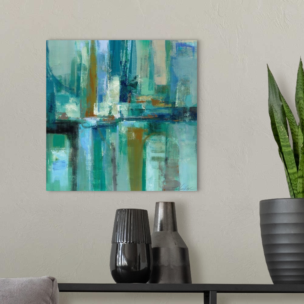 A modern room featuring Contemporary abstract painting of rectangular blocks of color in cool tones.