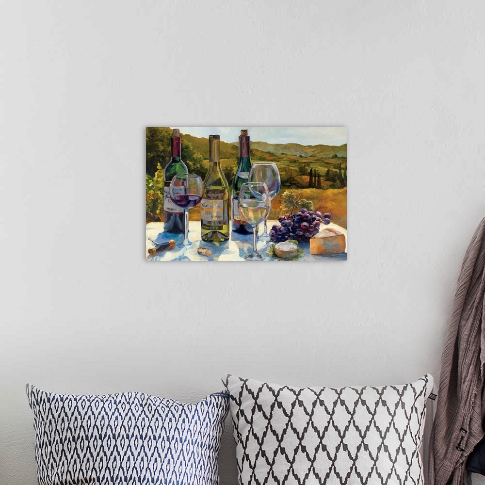 A bohemian room featuring Wall art that is a hybrid still life and landscape painting of cheese, grapes, and red and white ...