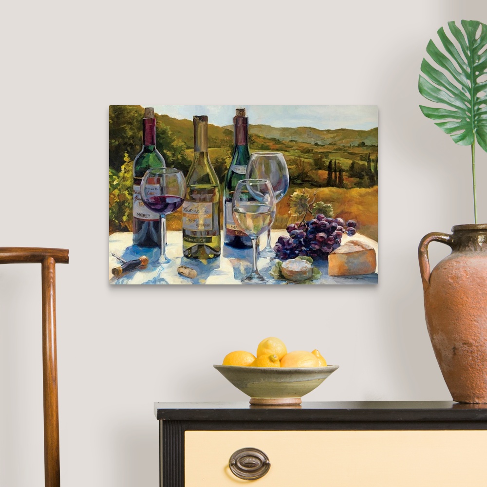 A traditional room featuring Wall art that is a hybrid still life and landscape painting of cheese, grapes, and red and white ...
